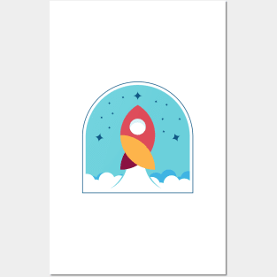 Rocketship Clouds Flat Design for Boys Men Girls Women Kids Posters and Art